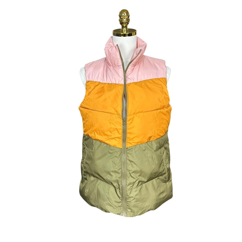 Coco+Carmen Women Colorblock Puffer Vest Pink Yellow Green S/M Full Zip Quilted